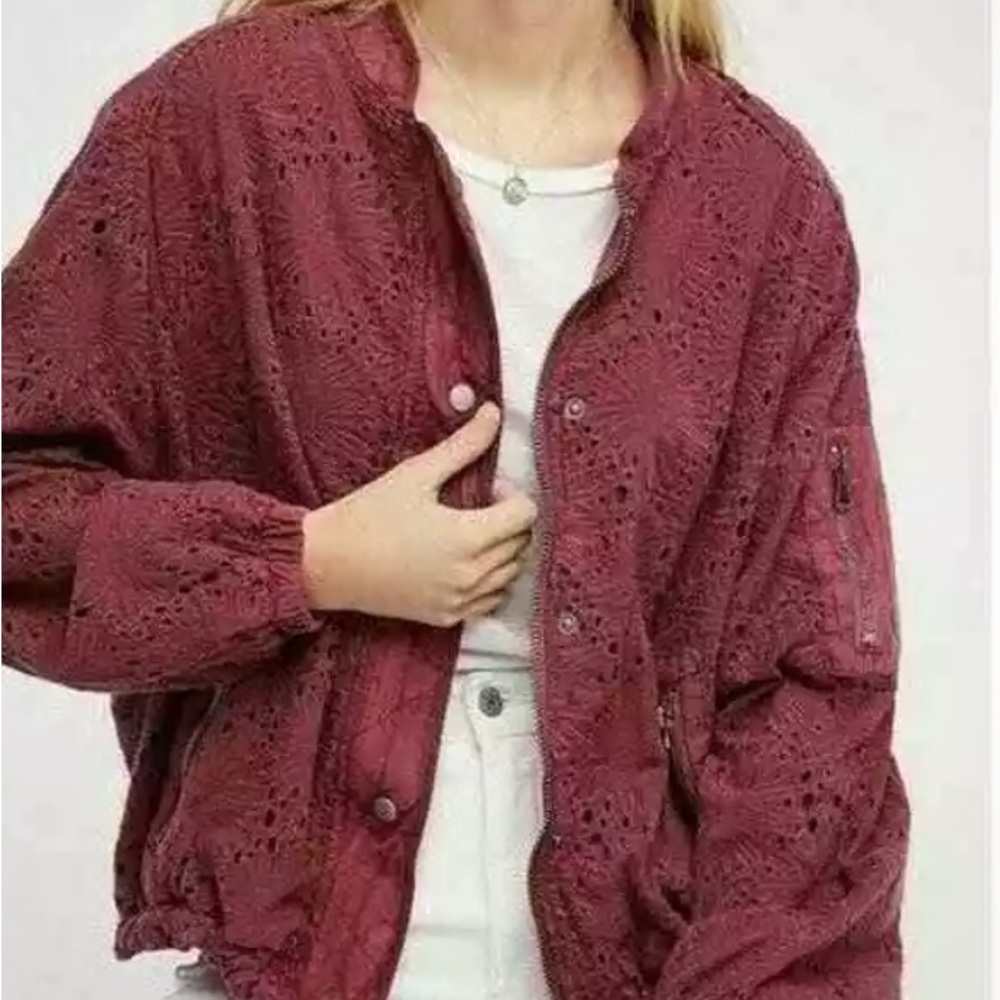 Free People Daisy Jane Eyelet Lace Bomber Jacket Medium Berry Garment Dyed